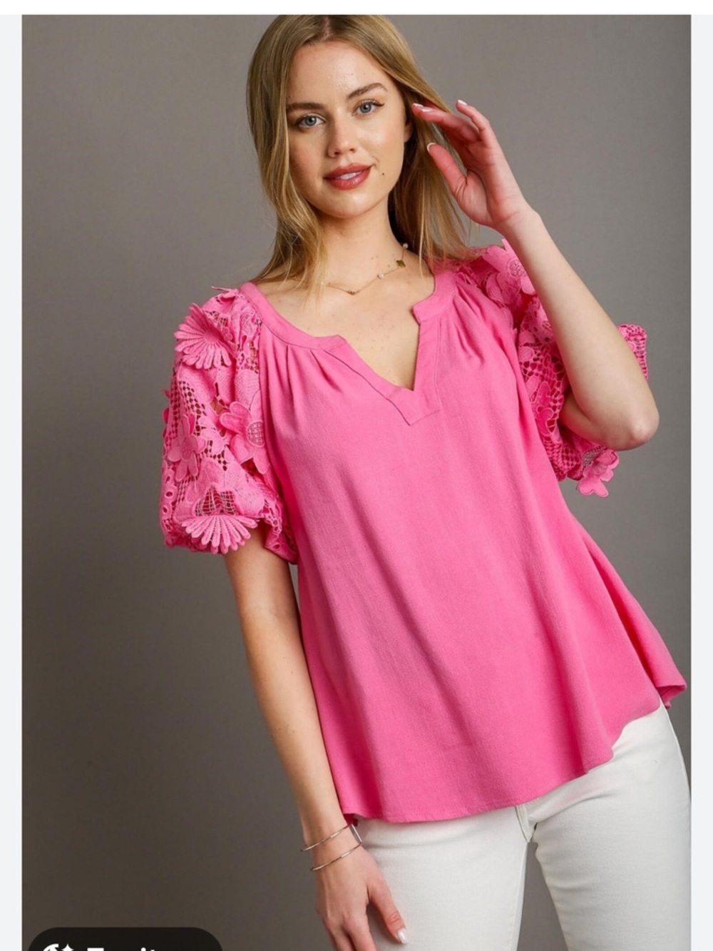 umgee Pink Floral Lace 3D Elasticized Sleeves Contrast Top Linen Blend Size S